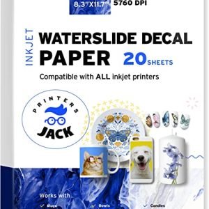 Printers Jack Water Slide Decal Paper Inkjet 20 Sheets A4 Size Premium Water Slide Transfer Paper Clear Transparent Printable Waterslide Paper for Tumblers, Mugs, Glasses DIY